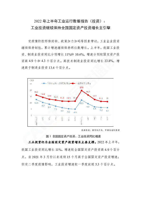 2022年上半年工业运行数据报告（投资）：工业投资继续保持全国固定资产投资增长主引擎