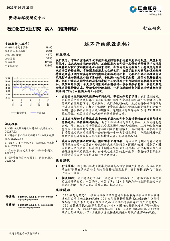 石油化工行业研究：逃不开的能源危机？