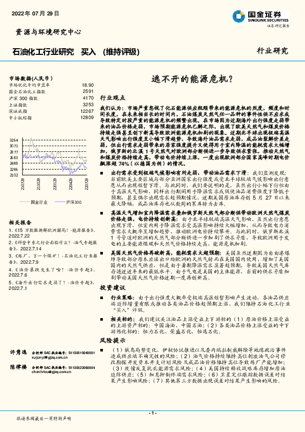 石油化工行业研究：逃不开的能源危机？