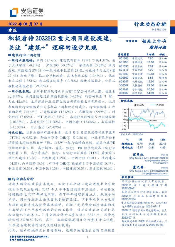 建筑：积极看待2022H2重大项目建设提速，关注“建筑+”逻辑的逐步兑现