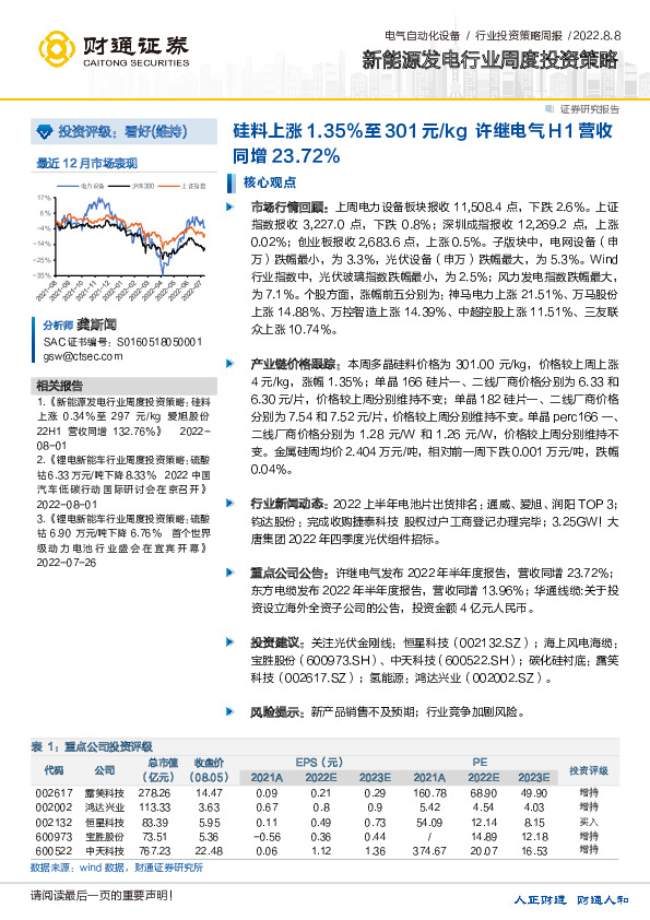 新能源发电行业周度投资策略：硅料上涨1.35%至301元/kg 许继电气H1营收同增23.72%