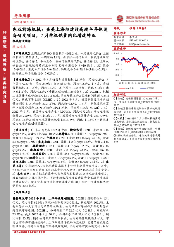 东亚前海机械：盛美上海拟建设高端半导体设备研发项目，7月挖机销量同比增速转正