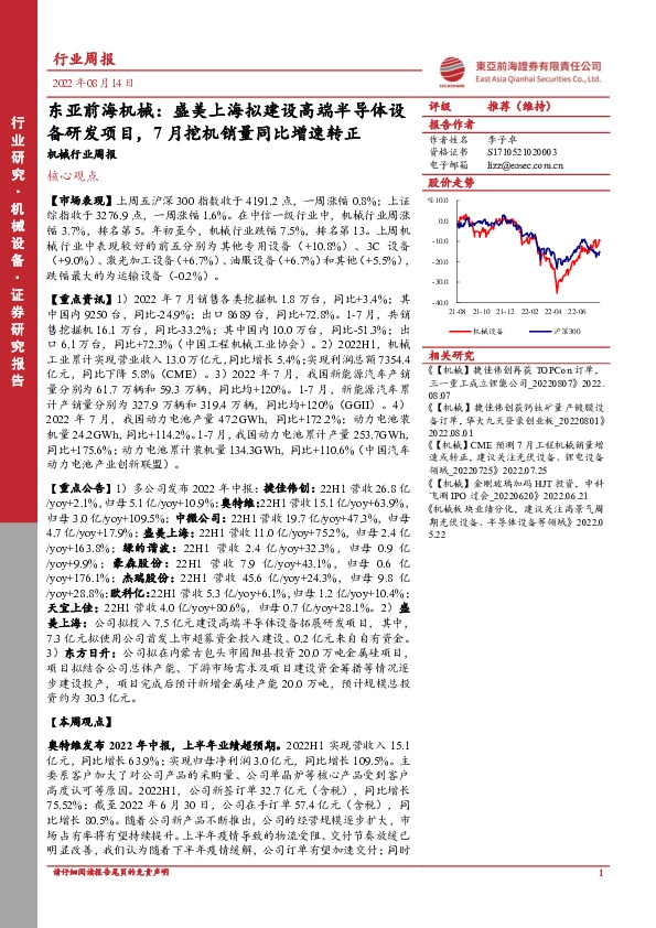 东亚前海机械：盛美上海拟建设高端半导体设备研发项目，7月挖机销量同比增速转正