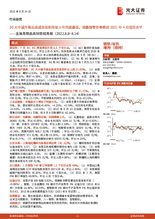 金属周期品高频数据周报：30大中城市商品房成交面积再创5年同期最低，球墨铸管价格维持2021年4月低位水平