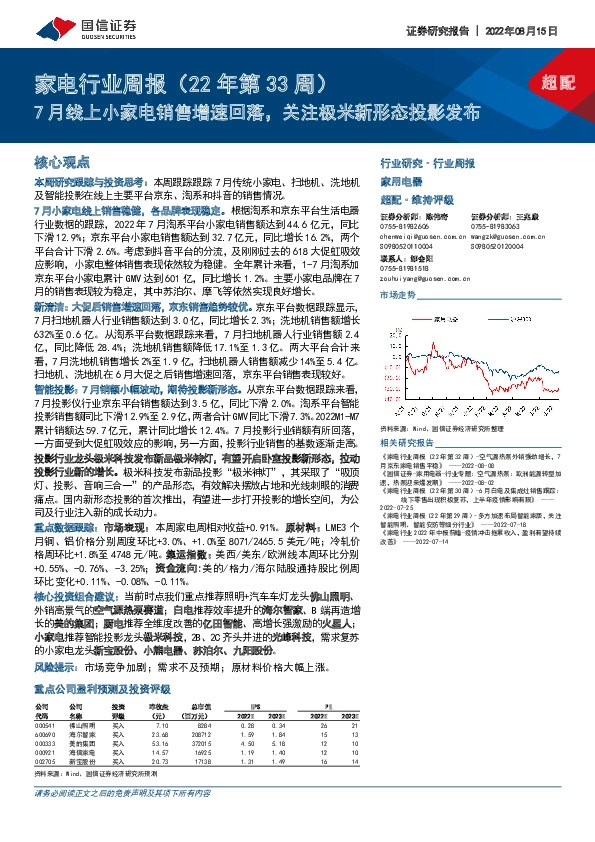 家电行业周报（22年第33周）：7月线上小家电销售增速回落，关注极米新形态投影发布