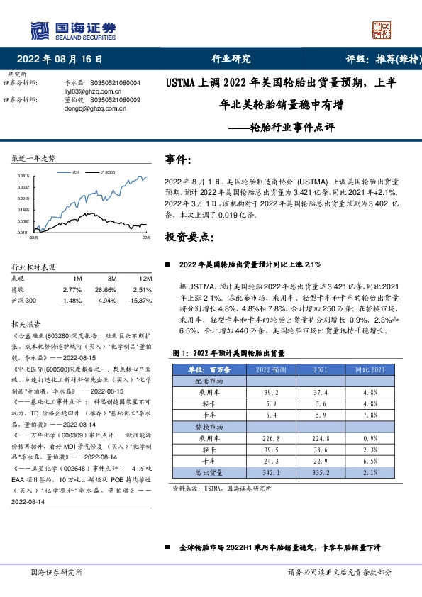 轮胎行业事件点评：USTMA上调2022年美国轮胎出货量预期，上半年北美轮胎销量稳中有增