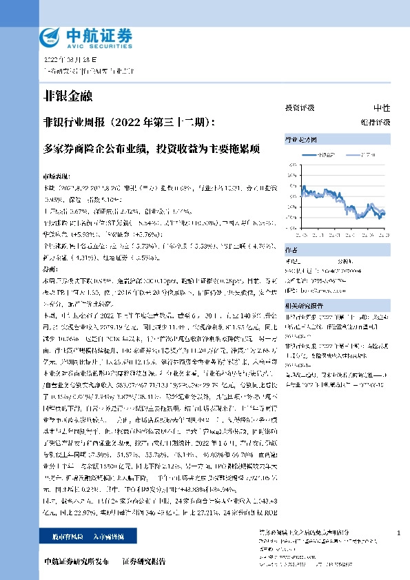 非银行业周报（2022年第三十二期）：多家券商险企公布业绩，投资收益为主要拖累项