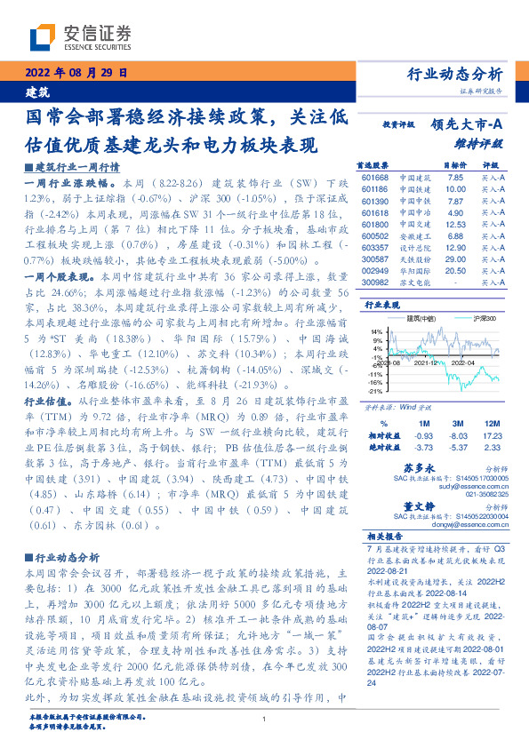 建筑行业动态分析：国常会部署稳经济接续政策，关注低估值优质基建龙头和电力板块表现