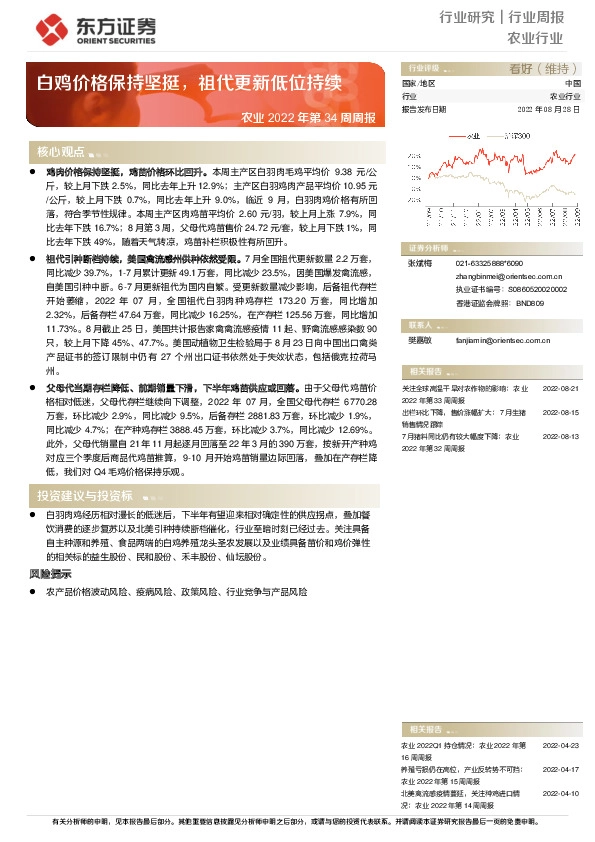 农业2022年第34周周报：白鸡价格保持坚挺，祖代更新低位持续
