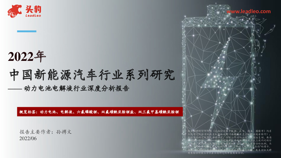 2022年中国新能源汽车行业系列研究：动力电池电解液行业深度分析报告