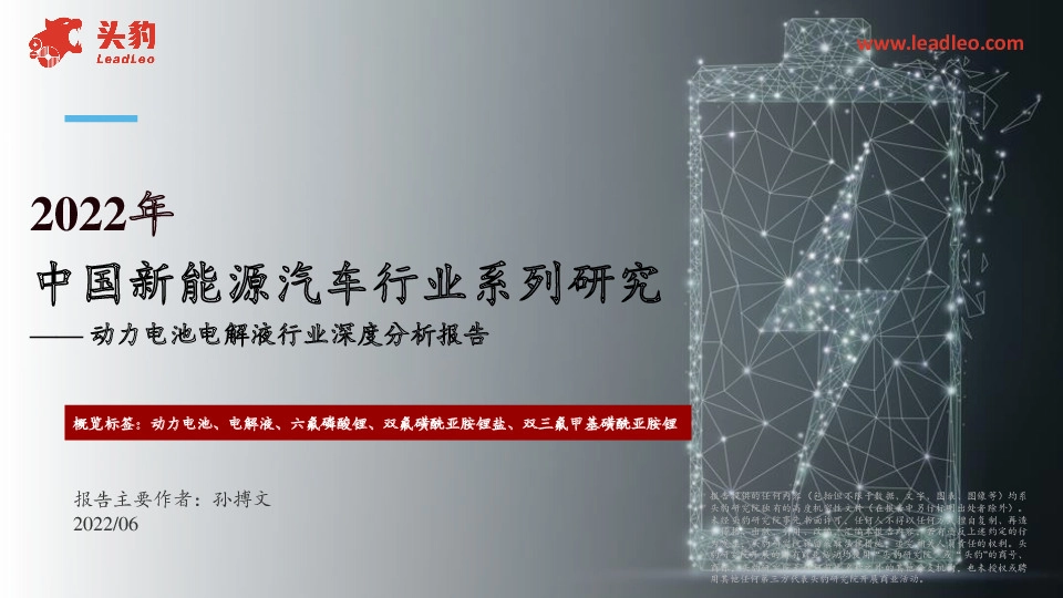 2022年中国新能源汽车行业系列研究：动力电池电解液行业深度分析报告