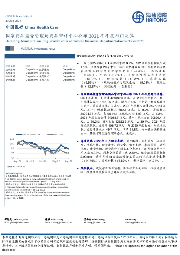 中国医疗：国家药品监督管理局药品审评中心公布2021年年度部门决算