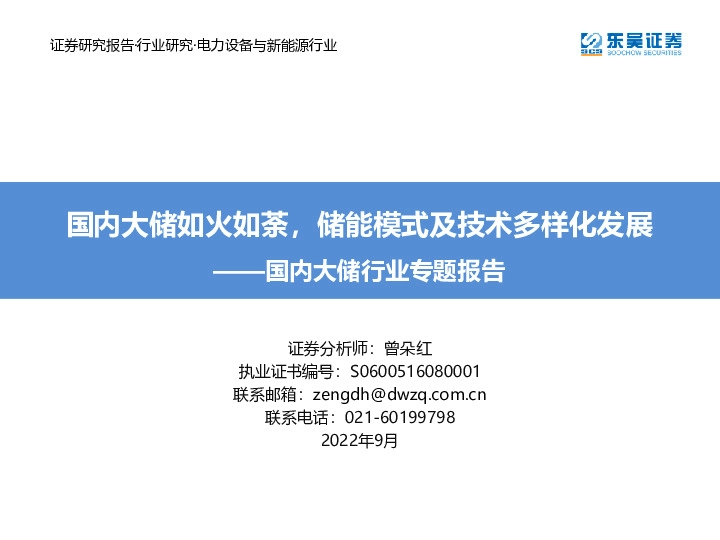 国内大储行业专题报告：国内大储如火如荼，储能模式及技术多样化发展