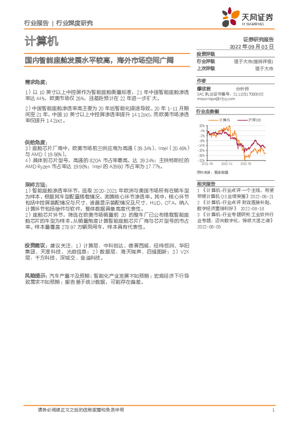 计算机行业深度研究：国内智能座舱发展水平较高，海外市场空间广阔