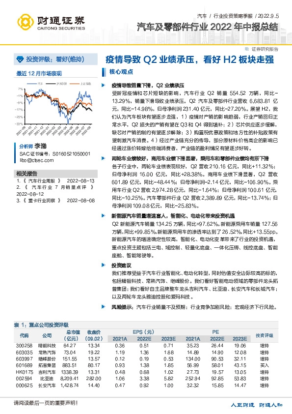 汽车及零部件行业2022年中报总结：疫情导致Q2业绩承压，看好H2板块走强