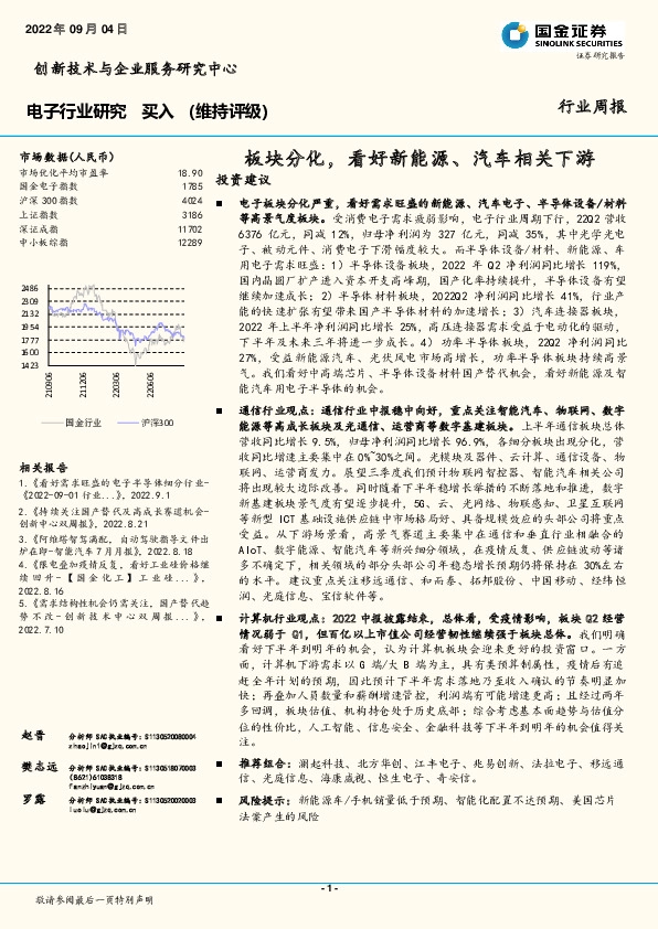 电子行业研究：板块分化，看好新能源、汽车相关下游