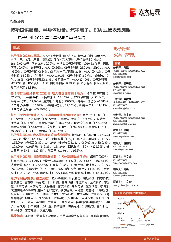 电子行业2022年半年报与二季报总结：特斯拉供应链、半导体设备、汽车电子、EDA业绩表现亮眼