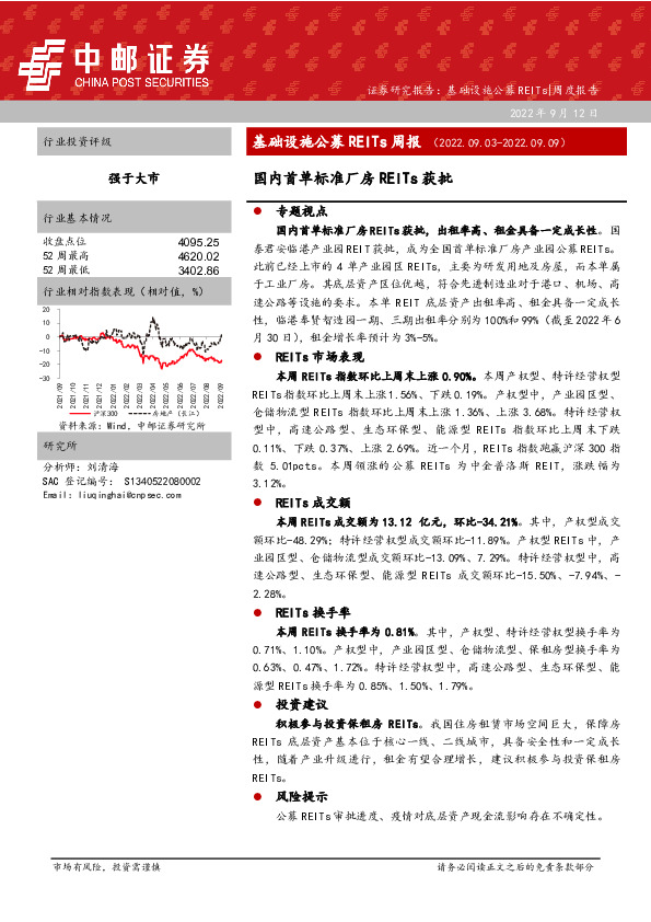 基础设施公募REITs周报：国内首单标准厂房REITs获批