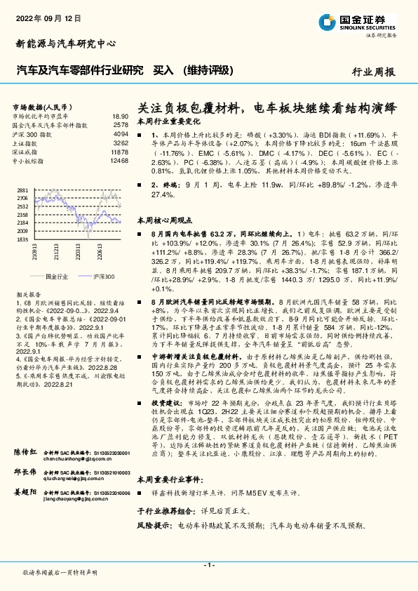 汽车及汽车零部件行业研究周报：关注负极包覆材料，电车板块继续看结构演绎