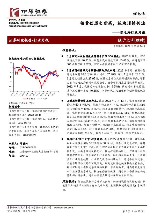 锂电池行业月报：销量创历史新高，板块谨慎关注