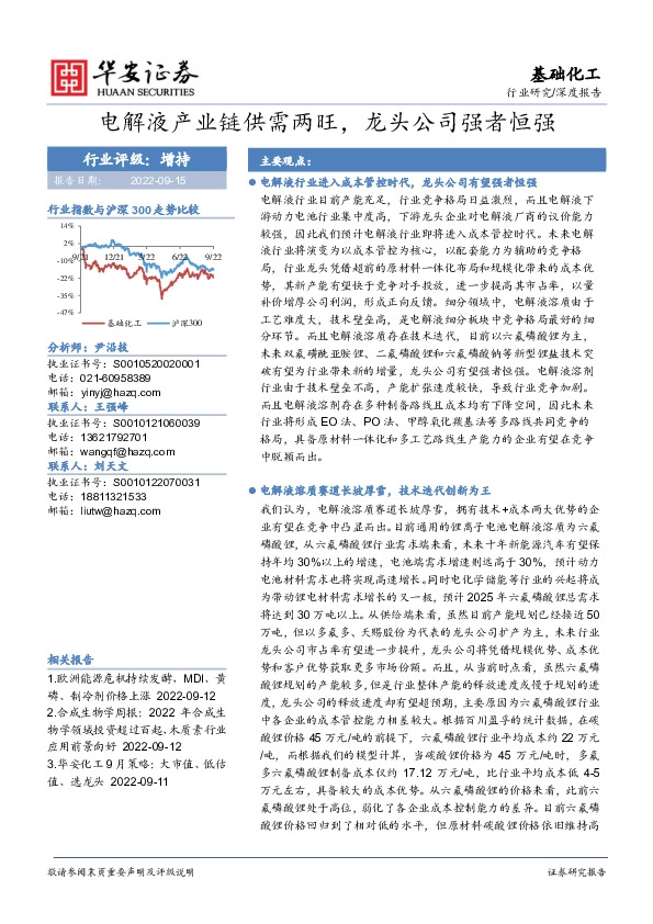 基础化工行业深度报告：电解液产业链供需两旺，龙头公司强者恒强