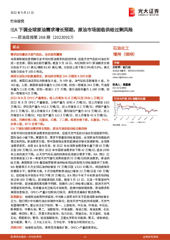 原油周报第268期：IEA下调全球原油需求增长预期，原油市场面临供给过剩风险