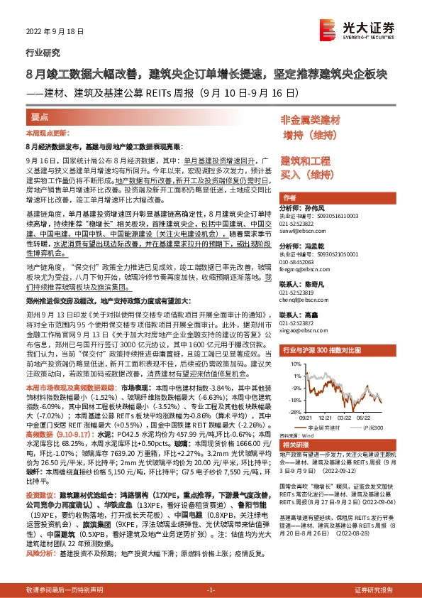建材、建筑及基建公募REITs周报：8月竣工数据大幅改善，建筑央企订单增长提速，坚定推荐建筑央企板块