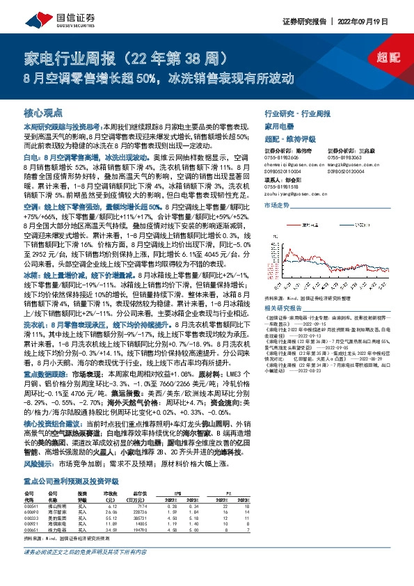 家电行业周报（22年第38周）：8月空调零售增长超50%，冰洗销售表现有所波动