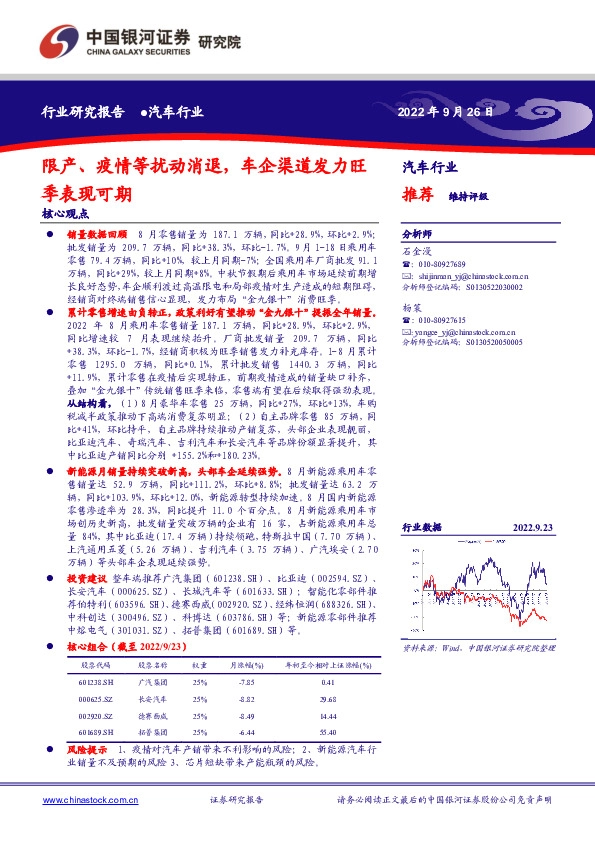 汽车行业：限产、疫情等扰动消退，车企渠道发力旺季表现可期