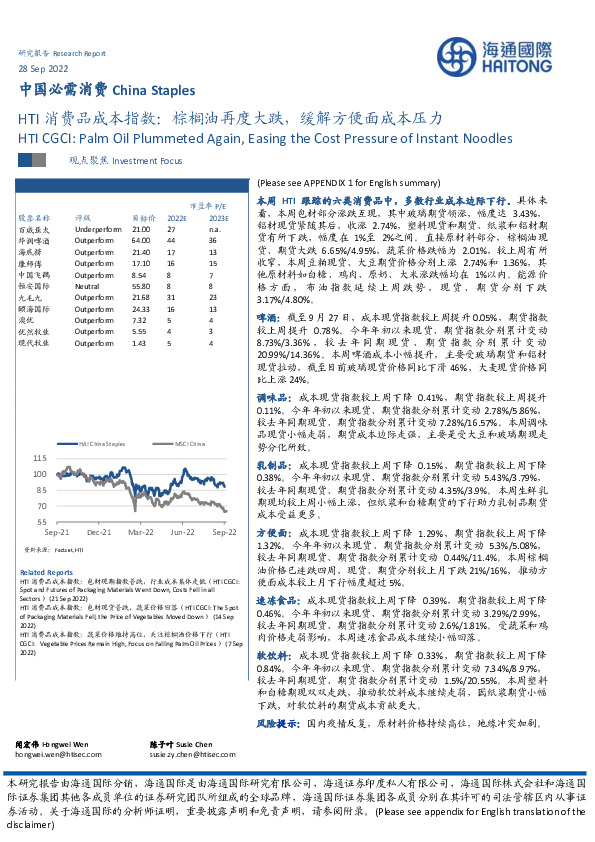 HTI消费品成本指数：棕榈油再度大跌，缓解方便面成本压力