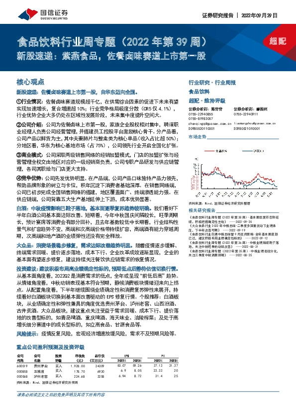 食品饮料行业周专题（2022年第39周）：新股速递：紫燕食品，佐餐卤味赛道上市第一股