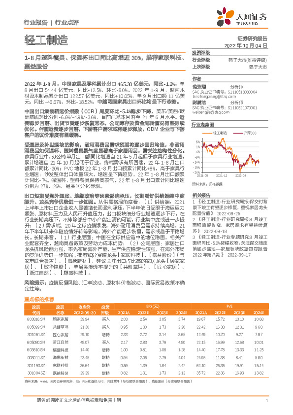 轻工制造行业点评：1-8月塑料餐具、保温杯出口同比高增近30%，推荐家联科技、嘉益股份
