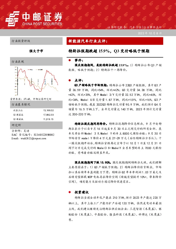 新能源汽车行业点评：特斯拉假期跌超15.9%，Q3交付略低于预期
