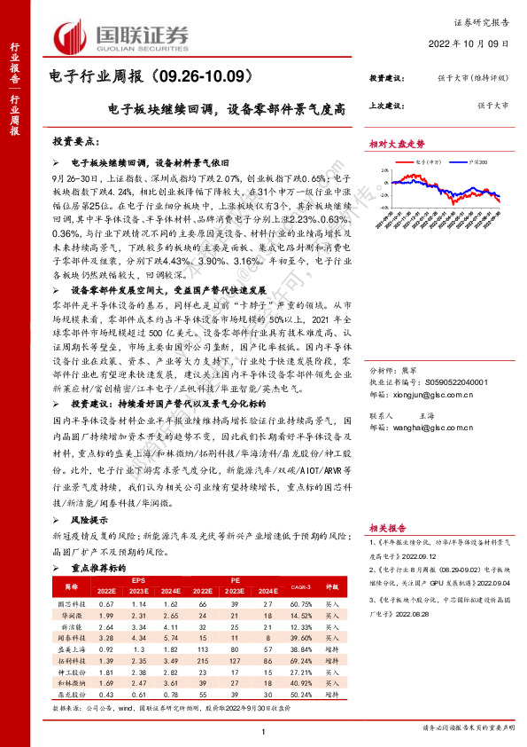 电子行业周报：电子板块继续回调，设备零部件景气度高