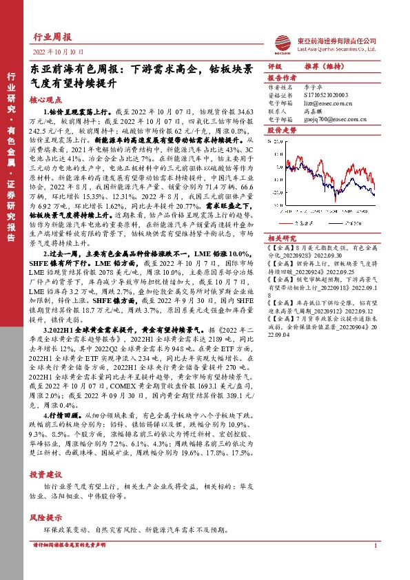东亚前海有色周报：下游需求高企，钴板块景气度有望持续提升