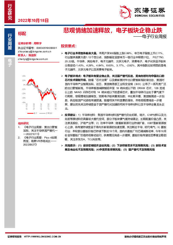 电子行业周报：悲观情绪加速释放，电子板块企稳止跌