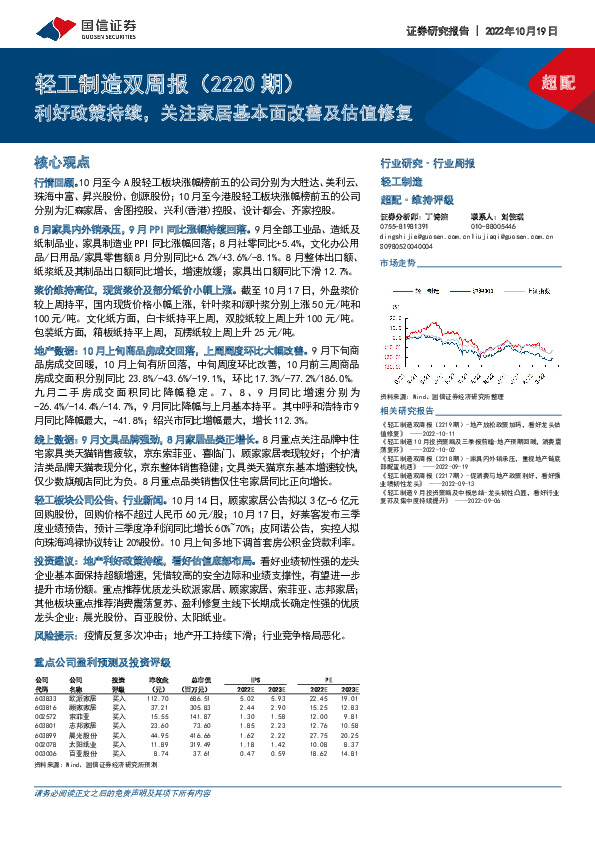 轻工制造双周报（2220期）：利好政策持续，关注家居基本面改善及估值修复