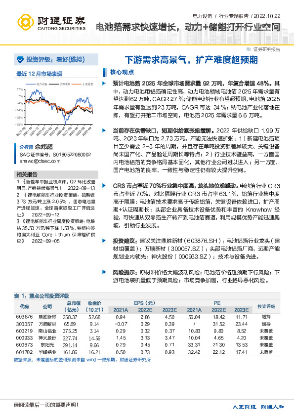 电力设备行业专题报告：电池箔需求快速增长，动力+储能打开行业空间
