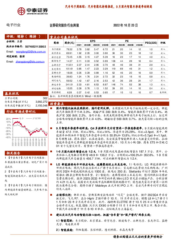 汽车电子周跟踪：汽车智能化持续推进，9月国内智能车渗透率创新高