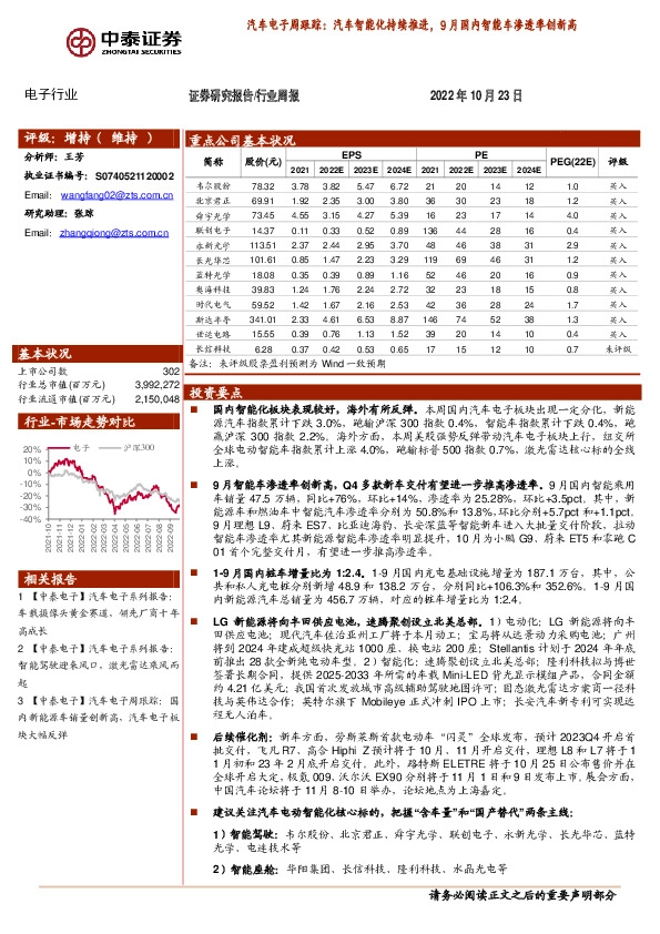 汽车电子周跟踪：汽车智能化持续推进，9月国内智能车渗透率创新高