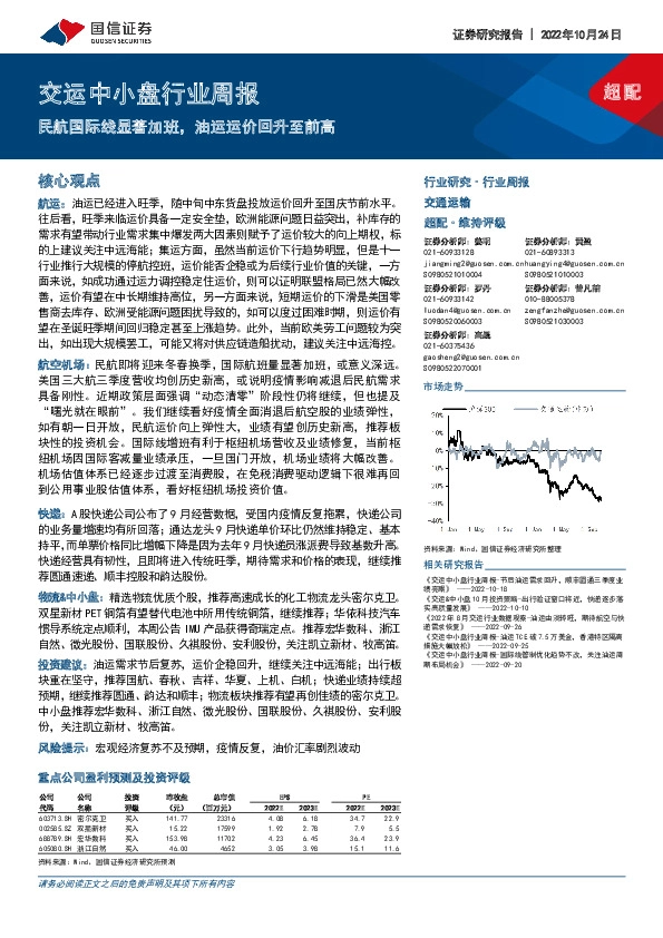 交运中小盘行业周报：民航国际线显著加班，油运运价回升至前高