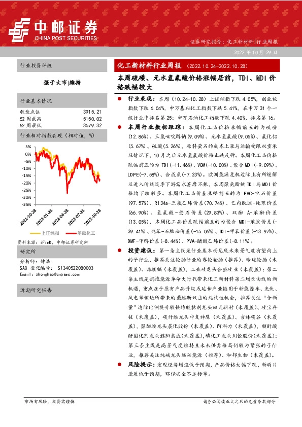 化工新材料行业周报：本周硫磺、无水氢氟酸价格涨幅居前，TDI、MDI价格跌幅较大
