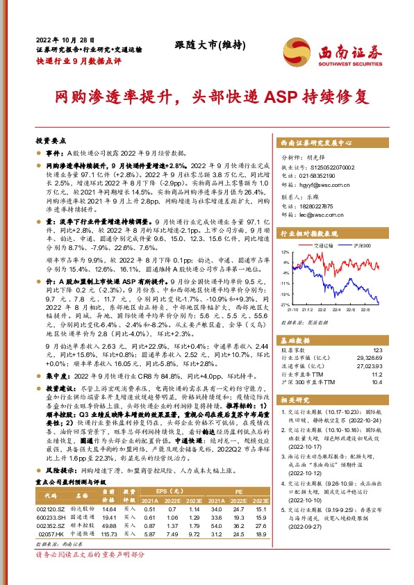 快递行业9月数据点评：网购渗透率提升，头部快递ASP持续修复