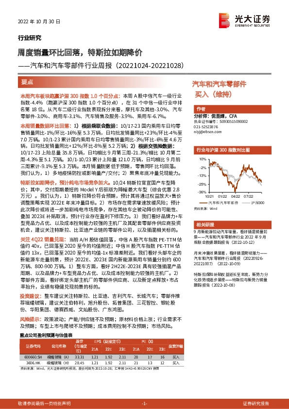 汽车和汽车零部件行业周报：周度销量环比回落，特斯拉如期降价