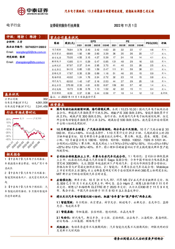 汽车电子周跟踪：10月新能源车销量增速放缓，前期板块调整已有反映