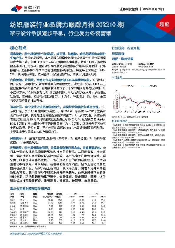 纺织服装行业品牌力跟踪月报202210期：李宁设计争议逐步平息，行业发力冬装营销