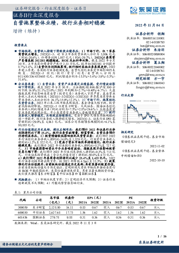 证券Ⅱ行业深度报告：自营拖累整体业绩，投行业务相对稳健