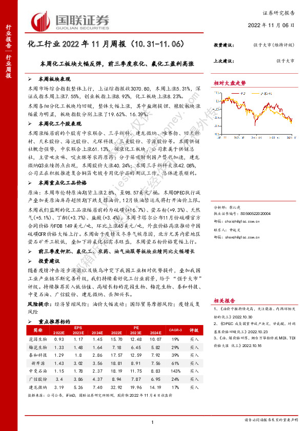 化工行业2022年11月周报：本周化工板块大幅反弹，前三季度农化、氟化工盈利高涨