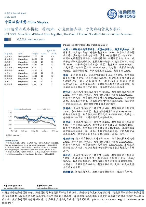 中国必需消费：HTI消费品成本指数：棕榈油、小麦价格齐涨，方便面期货成本承压