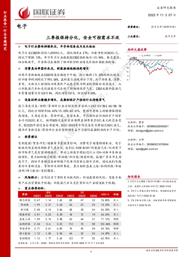 电子行业专题研究：三季报保持分化，安全可控需求不改